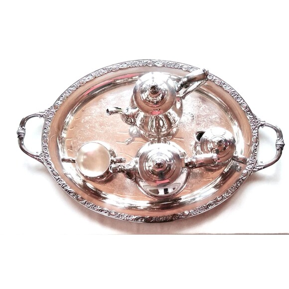 Wm Rogers Silver Plate Victorian Rose Coffee Tea Service 5 piece Set W/Tray - Picture 1 of 16